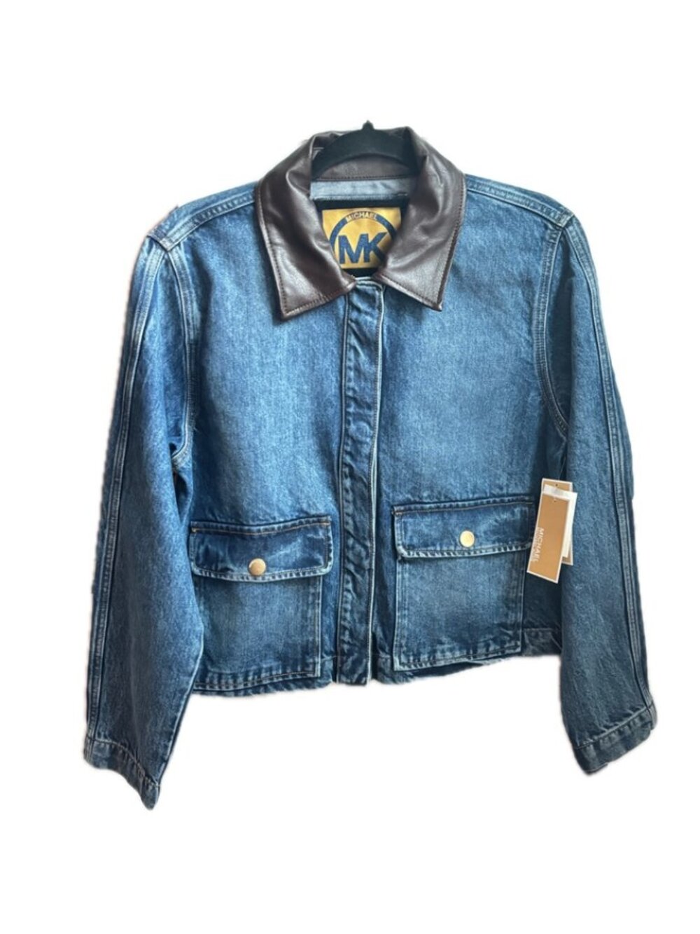 Michael Kors NWT Brown Leather Collar Cropped Denim Jacket Blue Jean Size M